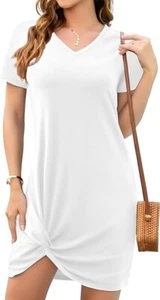 WANGZHI Women Summer Short Sleeve Loose Tshirt Dress V Neck Front Knot Twist 2XL - Picture 1 of 3