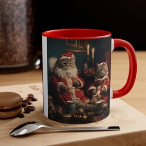Colorful Coffee Mug 11oz Santa Tabby Cat Kitty Celebrating Christmas X-Mas Day - Picture 1 of 21