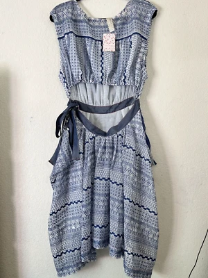 New Romantics Free People Embroidered White Blue Geometric Dress Medium New $268 - Image 1 of 4