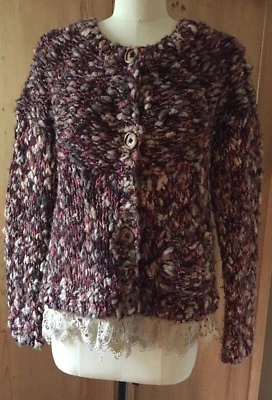 Anthropologie HWR Chunky Cardigan Sweater with Lace Trim Size Large Wood Button - Image 1 of 4