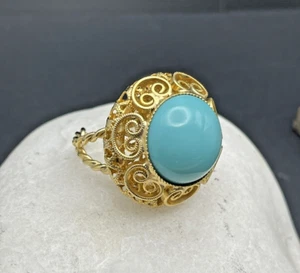 Anillo Cúpula Cabujón Lucita Redondo Turquesa Imitación Metal Tono Dorado De Colección Talla 7.5 - Imagen 1 de 10