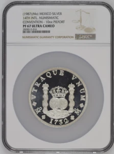 1987Mo Mexico Piefort Silver 10oz 14th Numismatic Convention NGC PF67UC Rare B - Afbeelding 1 van 3