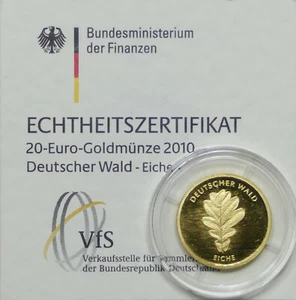 BRD €20 Gold 2010-J Eiche, Stgl. im orig. Kapsel mit Zertifikat - Bild 1 von 1