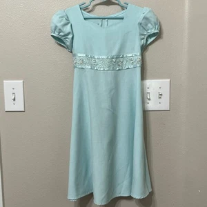 Bonnie Jean Girl’s Midi Dress Sz 6X A-line Linen Blend Powder Blue Back Zip/Tie - Picture 1 of 5