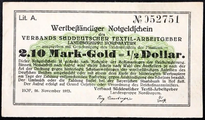 HOF 1923 2.10 Mark Gold = 1/2 US Dollar Stable-Value Notgeld Germany Goldmark - Image 1 of 2