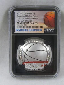 2020-P BASKETBALL HALL FAME $1 COLORIZED SILVER DOLLAR COIN NGC PF69 UC FDOI - Picture 1 of 5