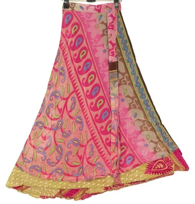 Sushila Vintage Pink Silk Saree Magic Wrap Reversible Skirt Beach Floral Dress - Image 1 of 4