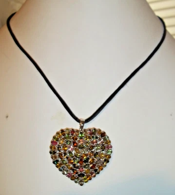 Big Heart Pendant Gem Stones Sterling Silver 925 Black Cord Necklace GEMPORIA - Image 1 of 4