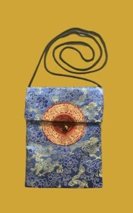 Satin Crossbody Purse Blue & Gold Asian Pattern W Round Red & Gold Medallion - Picture 1 of 4