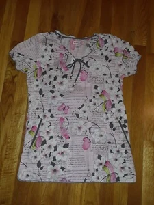 Ladies Koi by Kathy Peterson Pink Green Gray Birds Floral Scrubs Top XS - Picture 1 of 6