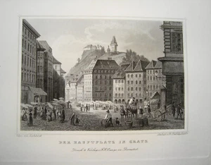 Graz Hauptplatz Österreich wunderschöner echter Stahlstich 1842 - Picture 1 of 1