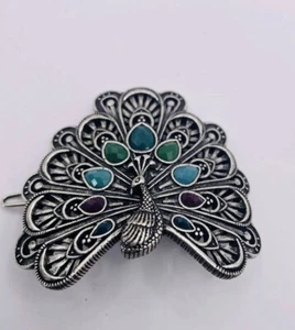 Vintage 1990s LUCKY BRAND Peacock Matte Silver Tone Barrette Hair Pin Clip E2 - Picture 1 of 3