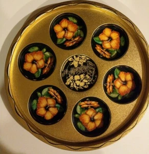 Vintage Hawaii Souvenir Metal Barware Glass Serving Tray for 6 Floral 11” Gold - Picture 1 of 10
