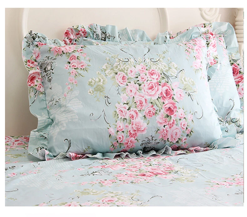 2pcs Blue floral print pillowcase cotton pillow shams floral princess covers  - Image 1 of 1