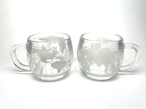 NESTLE Clear GLASS GLOBE - Set of 2 MUGS - FROSTED WORLD MAP - Picture 1 of 6