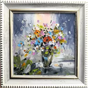 Quadro Bouquet Fiori Fiori Originale Olio Impressionismo Firmato Arte 5x5in - Foto 1 di 9