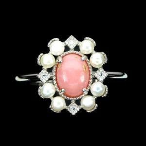 925 Sterling Silver Oval Pink Opal 8x6mm Pearl Simulated Cz  Ring Size 9 - Picture 1 of 10