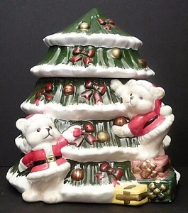 Tarro de galletas de cerámica World Bazaars árbol de Navidad osos de peluche de varios niveles 9 3/4 - Imagen 1 de 7