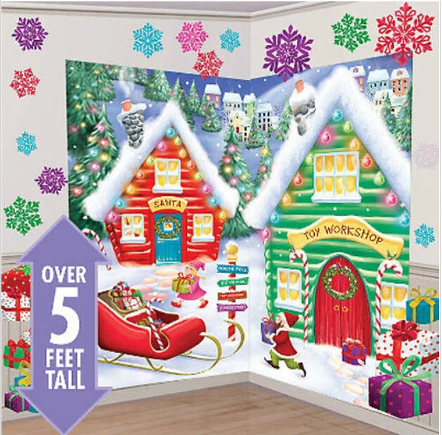 SANTA'S TOY WORKSHOP Scene Setter Christmas party 32pc North Pole BACKDROP snow - Image 1 of 1