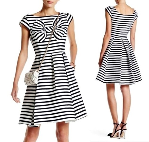 Abito svasato plissettato Kate Spade Mariella manica ad aletta a righe stampa fiocco tg 00 $448