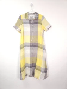Sahara Shirt Dress Size 1 UK 10 12 Yellow Grey Check Button Up 100% Linen Midi - Picture 1 of 13