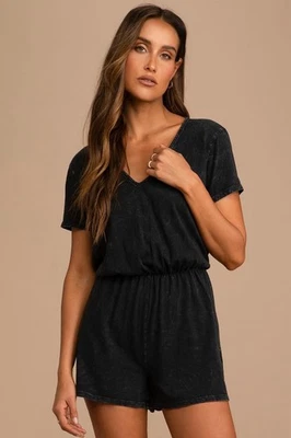 Lulus Women's Casual Cutie Washed Black Short Sleeve Romper Size Small NWT - Image 1 of 4