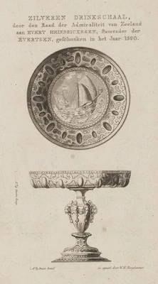 W. HOOGKAMER (*1790), Silberpokal mit Segelschiff, Aquatinta Romantik Gegenständ - Bild 1 von 4