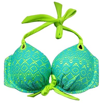 Top de bikini de natación Victoria's Secret push-up 34D verde neón azul con aros halter Foto 1 de 4
