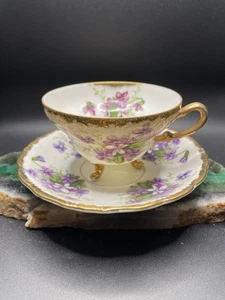 Vintage Royal Sealy lila Veilchen Teetasse Untertasse Fuß gold vergoldet handbemalt - Bild 1 von 15