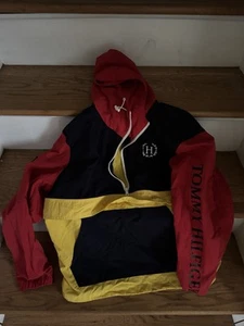 Vintage Tommy Hilfiger Hooded Windbreaker Yellow/Red/Navy Blue Men’s Large - Picture 1 of 7