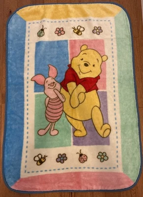 Vtg Pooh Piglet Bees Plush Crib Blanket Fleece Pastel Colorblock Y2K 30 X 45 - Image 1 of 4