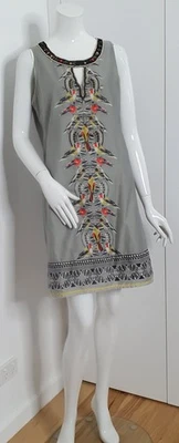 Uttam Boutique Shift Dress Sz UK 16 Aus 12-14 Grey Cotton Shantung W/Beading - Bild 1 von 4