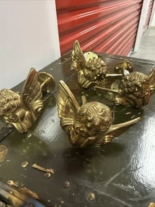 Set of 4 Vtg ANGEL CHERUB BRASS Curtain Drape Tie Backs Holder Wall Mount - Picture 1 of 10