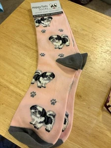 BNWT Happy Tails Socks Calf Length Pink Black&white Shih Tzu Dog Cute - Picture 1 of 6