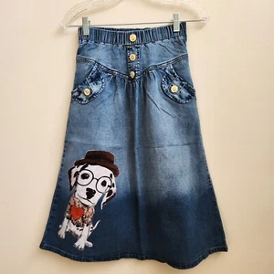 Style J Skirt Women's Size 25 Medium Blue Denim Jean Dog Applique Elastic Waist - Picture 1 of 15