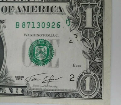 FR 1908B 1974 ERROR $1.00 FEDERAL RESERVE NOTE GUTTER FOLD AT THE TOP {SERIAL #} - Image 1 of 3