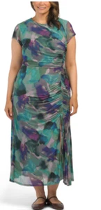 Taylor Ruched Maxi Dress Plus Size 20 Draped Mesh Side Tie/Slit Colorful Fairy - Picture 1 of 14