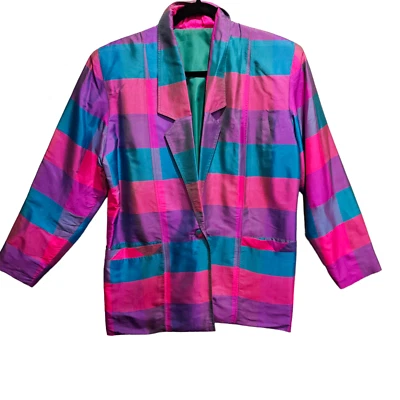 Handsewn Pink Teal Blue Tartan Jacket Blazer Approx Size Large Dopamine Lined - Image 1 of 4