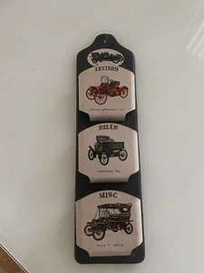 VINTAGE RETRO LETTER OR BILL HOLDER HANGING 3 HOLDERS WITH VINTAGE CARS RACK - Picture 1 of 7