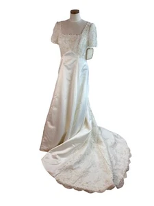Vtg JCPenney Alfred Angelo Ivory Lace Wedding Dress Sequin Button Misses 14 NOS - Picture 1 of 12