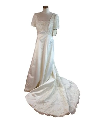 Vtg JCPenney Alfred Angelo Ivory Lace Wedding Dress Sequin Button Misses 14 NOS  - Image 1 of 4