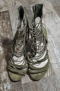 Shoe Republic LA Olive Faux Suede Zipper Stiletto Open Row Ankle Bootie Sandal - Picture 1 of 14