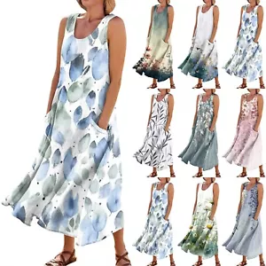 Women Casual Loose Sundress Sleeveless Maxi Long Beach Shirt Dress Boho Vacation - Picture 1 of 17
