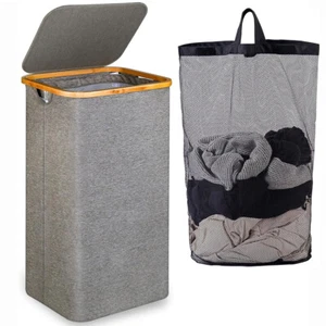 Large Bamboo Laundry Basket with Lid Foldable Washing Clothes Hamper Basket Bin. - Picture 1 of 16