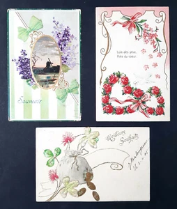 Cartoline postali augurali illustrate - Set di tre, viaggiate 1905-10 - Foto 1 di 2