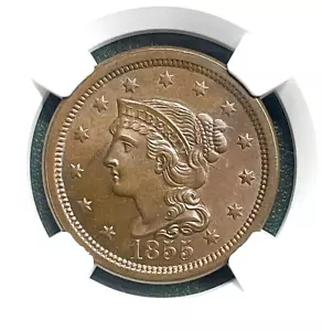 1855 UPRIGHT 55 BRAIDED HAIR LARGE CENT NGC MS65BN - Picture 1 of 4