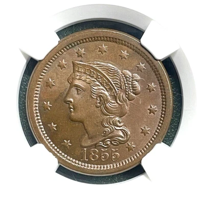 1855 UPRIGHT 55 BRAIDED HAIR LARGE CENT NGC MS65BN - Image 1 of 4