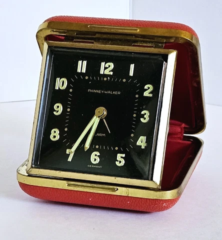 Vintage Phinney-Walker Wind Up Travel Alarm Clock Red Case Black Face Germany Cover
