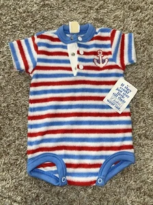 Carter’s Vtg 1970/80s Terry Cloth Romper 12 Months Stripes Outfit Baby Anchor - Picture 1 of 11