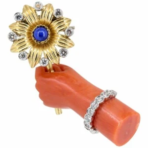 CARTIER Lapis, Diamond, Coral Platinum and 18K Gold Hand Holding Flower Brooch - Picture 1 of 9